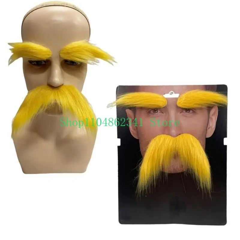Neuheit Schnurrbart Bart Cosplay Kostüm Zubehör für Männer Frauen Halloween, gelber selbstklebender Schnurrbart und Augenbrauen – Detail 10