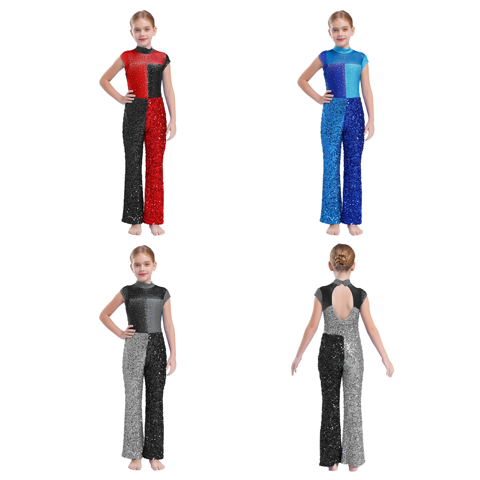 Description Picture 2 of itemKids Girls Jazz Hip Hop Street Disco Dance Performance Costume Shiny Athletic Activewear Outfits Rhythmic Gymnastic Jumpsuit