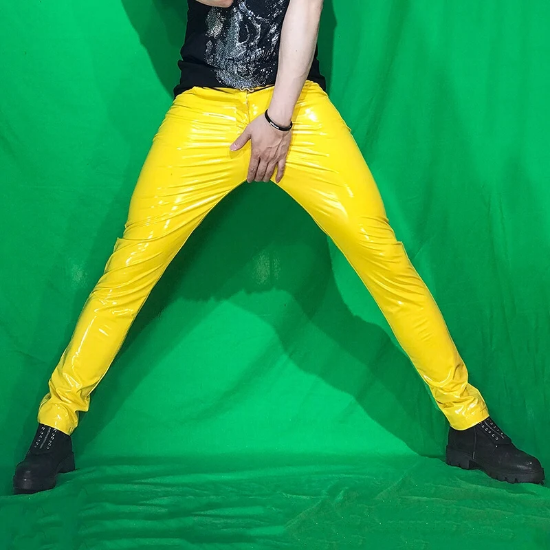 Spring And Summer Mirror Tight Stretch Patent Leather Pants Sexy Nightclub Men's DS Costumes Anti-bright PU Pants Original men trousers,leather pants,skinny pants