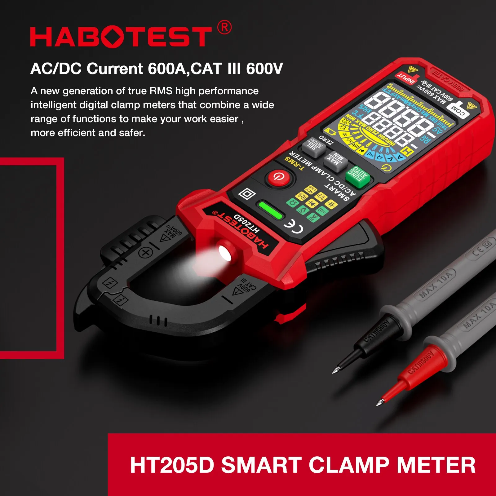 HABOTEST HT203/HT205/HT206 Clamp Meter Multimeter Auto Range True RMS NCV DC AC Voltage Current Temperature Professional Tester digital multimeter clamp meter
