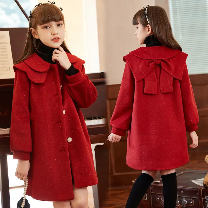 

New Baby Girls Woolen Jacket Coat Kids Winter Outerwear Clothes Children Spring Autumn Mid-length Windbreaker for 4-12Years Wear