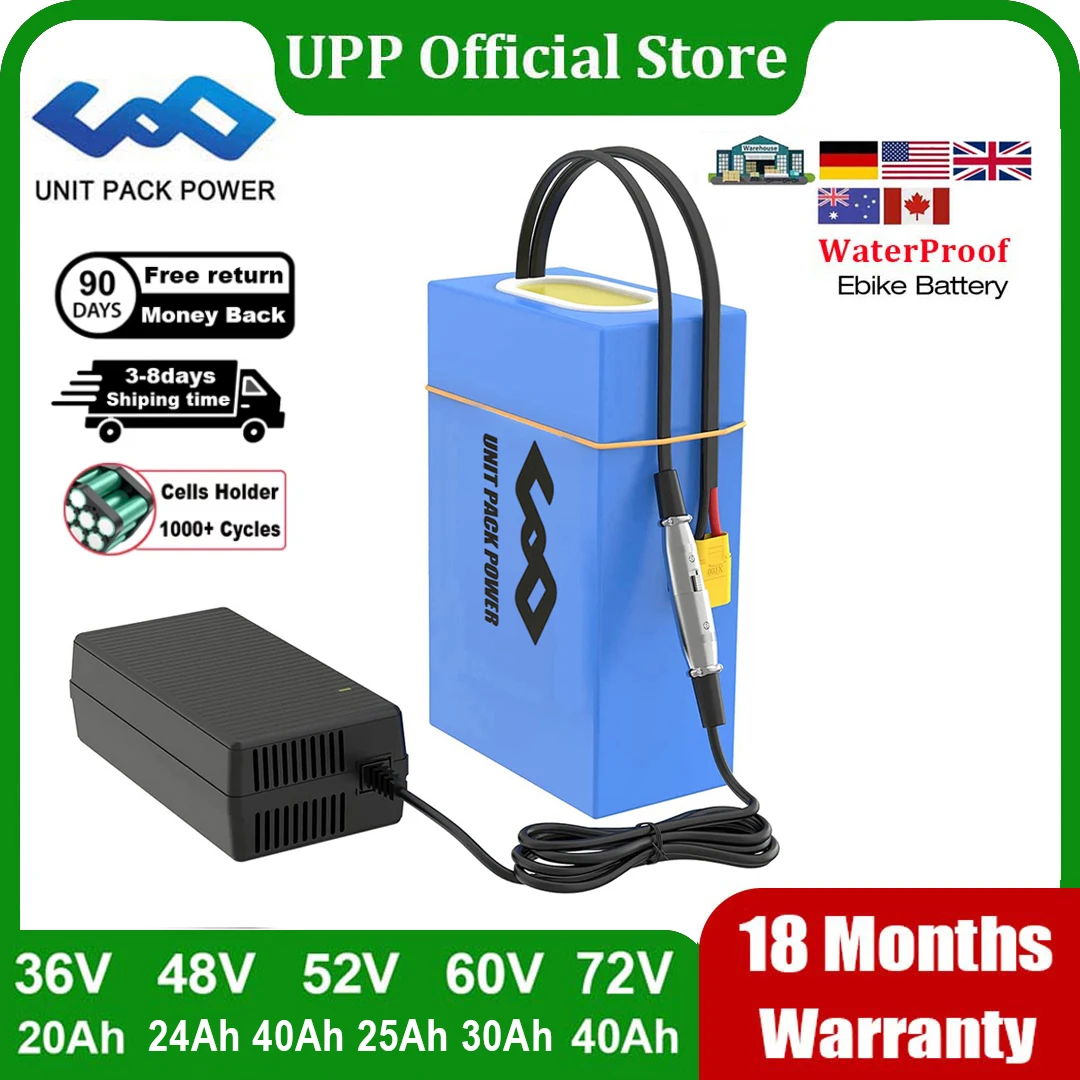 Batterie de vélo électrique EScooter 36V 48V 52V 60V 72V 40Ah 25Ah 20Ah Batteries au Lithium étanches 250W-3000W moto/cyclisme/vélo