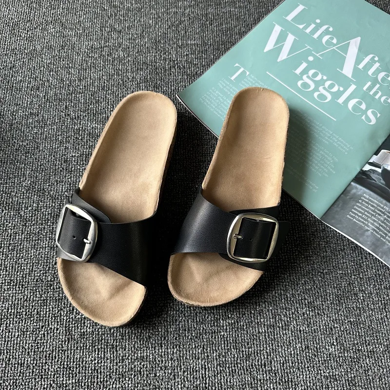 

Comemore Flat Slippers Casual Shoes Fashion Leather Buckle Beach Slides Flip Flop White Yellow Round Toe Summer Women Sandals43