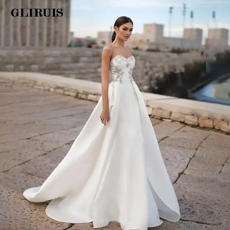 

Chic Strapless Wedding Dress White Satin Appliques Beads A-line Sexy Bridal Wedding Gowns Beaded Rhinestones Bridal Dresses