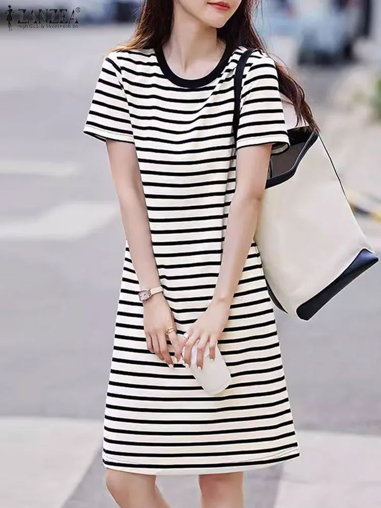 

ZANZEA 2024 Summer Striped Dress Women Fashion O Neck Short Sleeve Sundress Casual OL Work Vestidos Elegant Loose Holiday Dress