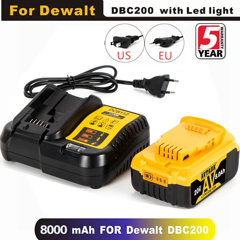 20V 6000mAh DCB200 Replaceable Li-ion Battery Compatible for Dewalt 18V MAX Power Tools 18650 Lithium Batteries with charger