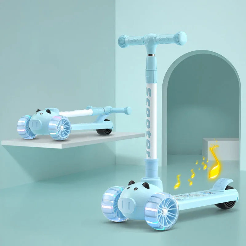 Kid Kick Scooter With Music Speaker Flash Wheel Folding Single Board Lift Adjustable Height For 2-12 Years Children Foot Scooter children scooter folding scooter