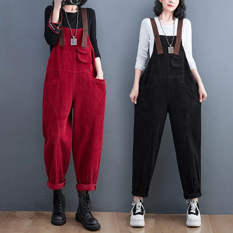

Corduroy Overalls Women Autumn And Winter Loose Large Size Retro Tooling Suspenders Jumpsuit Slimming Harem Long Pants T648