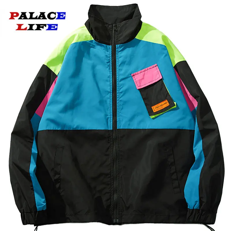 

Hip Hop Vintage Harajuku Varsity Track Jacket Streetwear Block Patchwork Windbreaker Zip Up Coats Mens Autumn Waterproof Coat