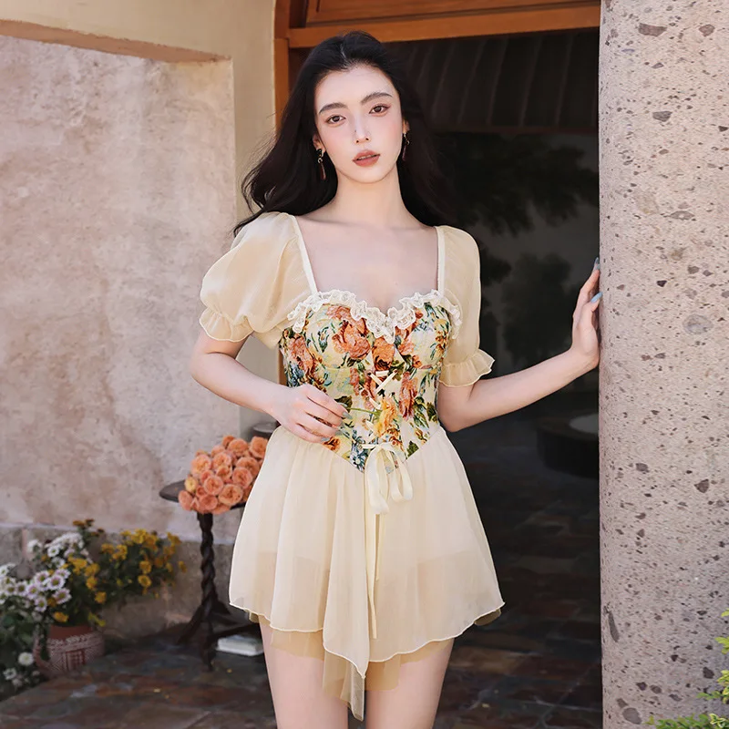 

Swimsuit Female Summer New One-piece Dress Fairy Fan Belly Thin Floral Steel Support Gathering Conservative Hot Spring Swimsuit