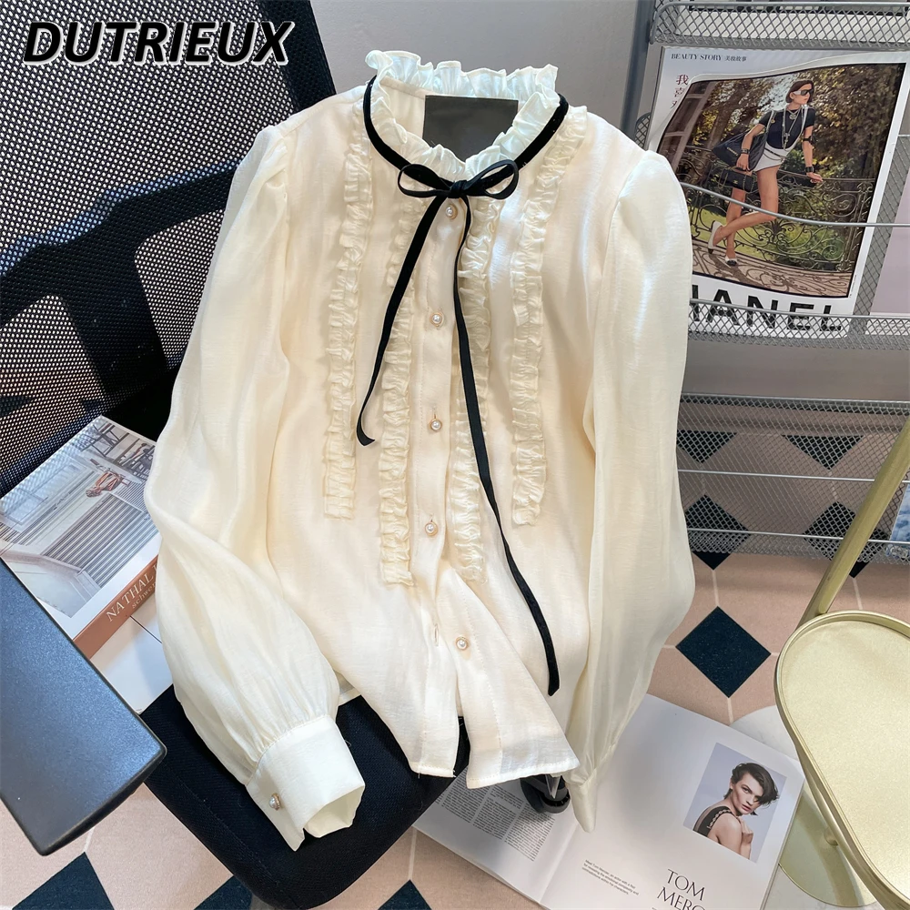 French Lolita Sweet Ruffles Lace-up Bow White Chiffon Shirt Women 2023 Autumn New Stand-up Collar Long Sleeve Button Blouse Top