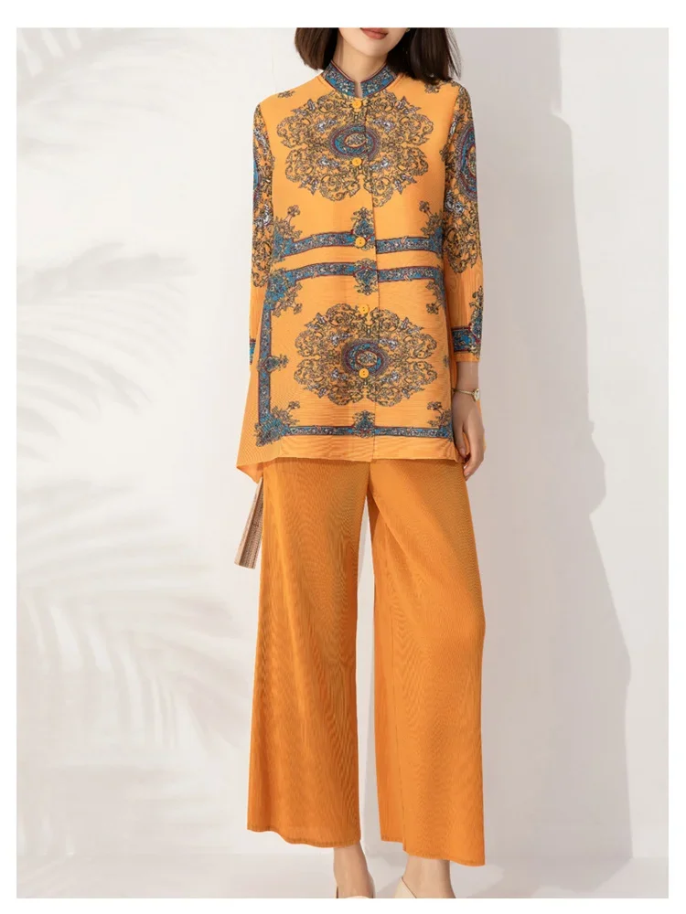 Miyake Pleated 2023 Autumn Winter Women's Clothing Trend Fashion Loose Printed Stand-up Collar Buttoned Fashion Two-piece Set