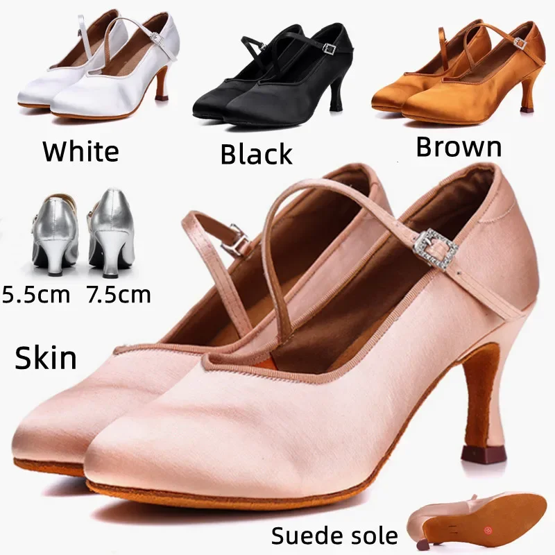 Hot Sale Dance Women Standard Latin Dance Training Shoes Satin Heel 5.5/7.5CM Ladies Ballroom Dance Shoes Soft Sole Modern Dance 2