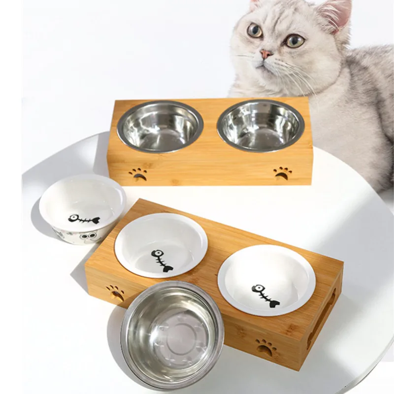 

Fashion Dog Feeders Bowl Bamboo Tableware Ceramic and Stainless Steel Double Mouth Dog Bowl High Grade Antiskid Pet Supplies