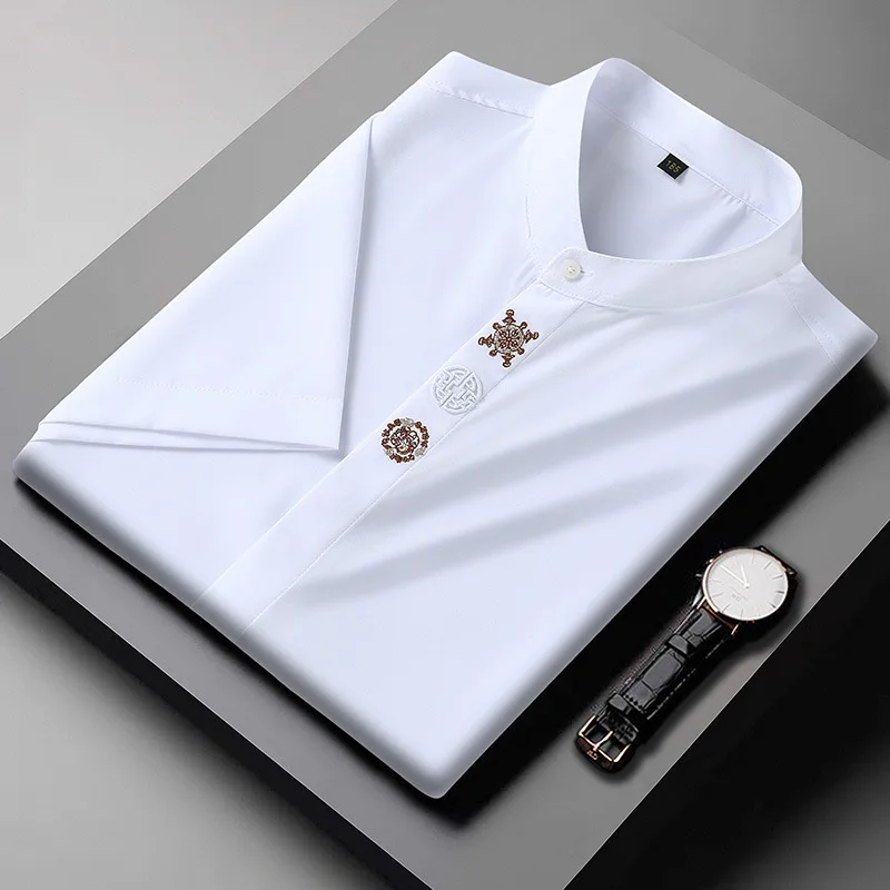 upto 10xl size short sleeve embroidered shirt men's casual loose oversized black and white short sleeve shirt summer Upto 10XL Size Short Sleeve Embroidered Shirt Men's Casual Loose Oversized Black and White Short Sleeve Shirt Summer 3