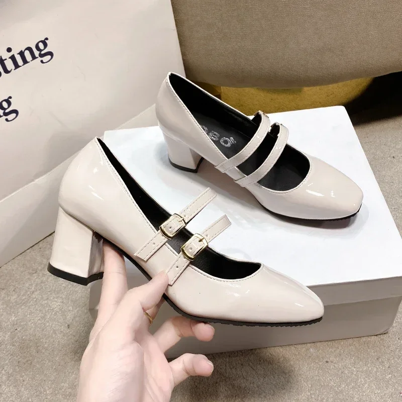 2024 Spring Autumn Women Double Buckle Mary Janes Shoes Patent Leather Dress Square Head Square Heel Solid Color Women's Shoes