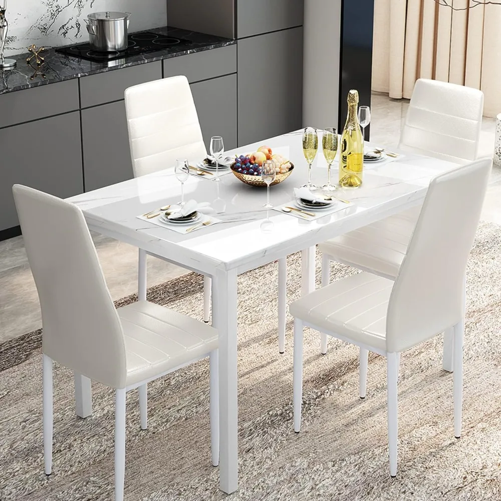 

Marble Dining Table 4-piece Set, Comfortable PU Leather Chairs, Dining Room Small Space Dining Table Set, Living Room，White