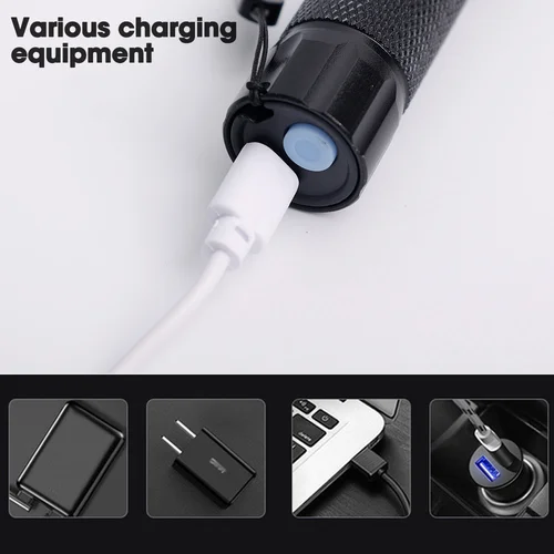 울트라 브라이트 휴대용 방수 손전등, 텔레스코픽 줌 전술 토치, USB 충전 랜턴, 캠핑 램프, 야외 손전등 6