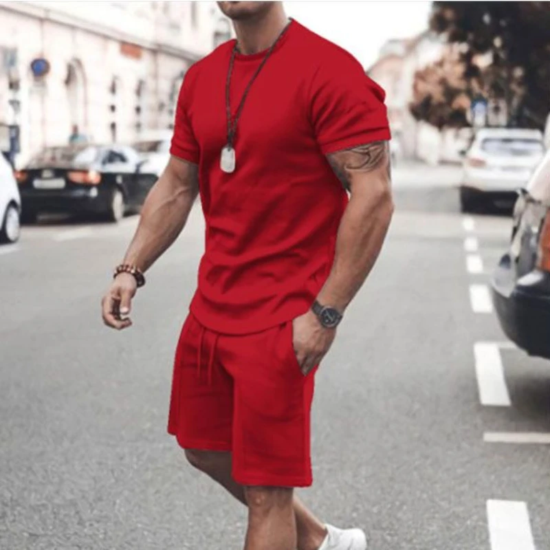 thumbnail image 1 of Conjuntos básicos de camiseta y pantalones cortos, trajes deportivos sencillos informales, chándal elegante Kpop para gimnasio elástico 5xl, ropa de lujo para hombres, parte superior holgada para homb, 1 of 5