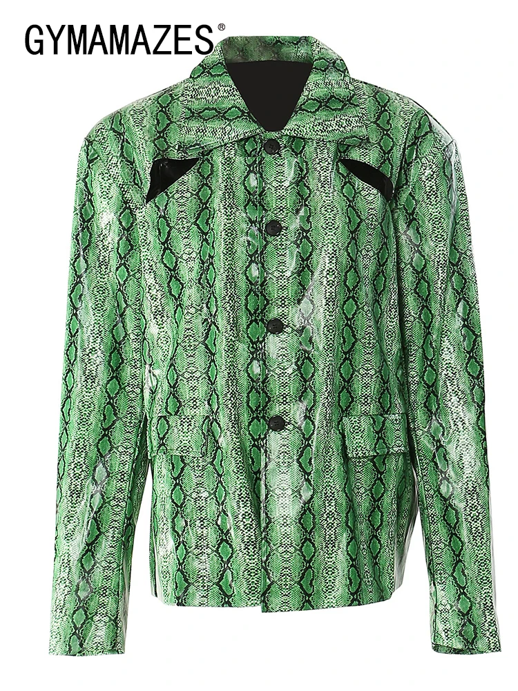 

GYMAMAZES Hollow Out Printing Jackets For Women Lapel Long Sleeve Patchwork Pockets Vintage Temperament Jacket Female Clothing