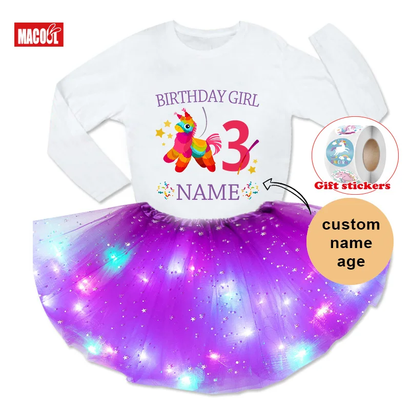

Girls Birthday Tutu Dress Set Birthday Cartoon Printed T-shirt Girl Dress Set Party Light Christmas Dress Long Sleeved T-shirt