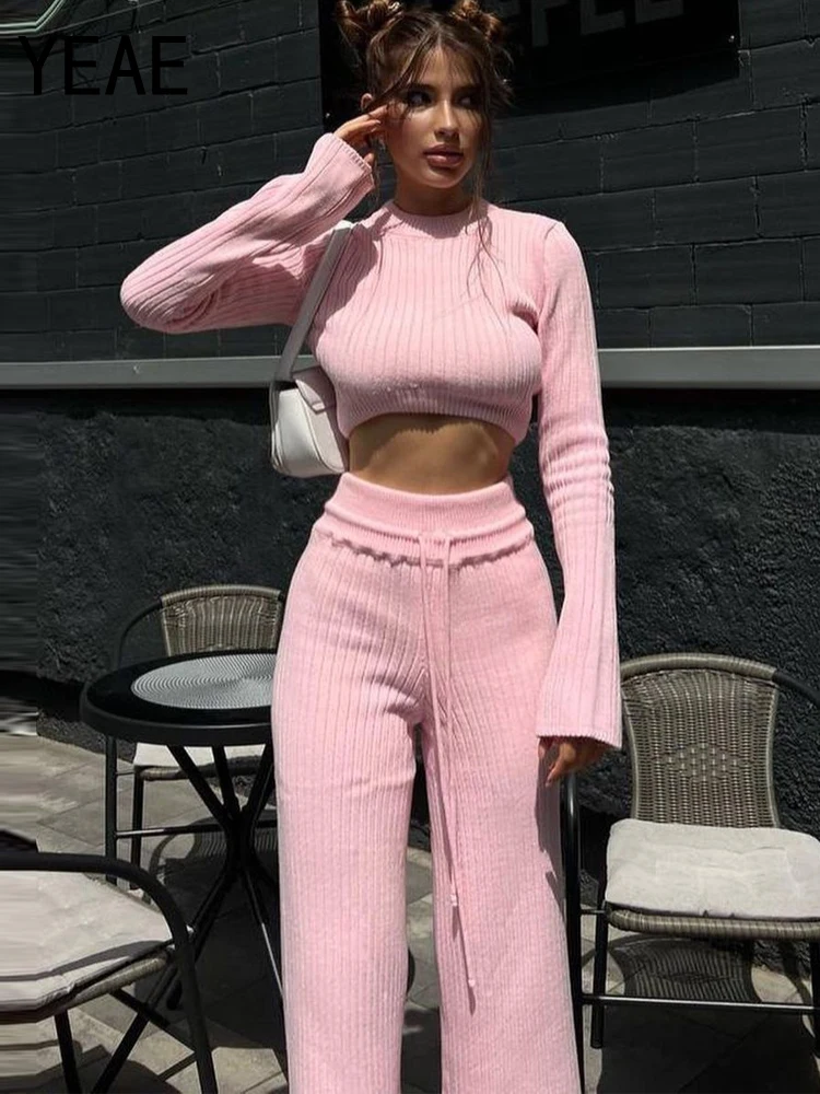 

YEAE Women's Suit Knitted 2 Piece Set Casual Long Sleeve Pullover Crop Top+Split Straight Pants Matching Winter Sweater Set 2023