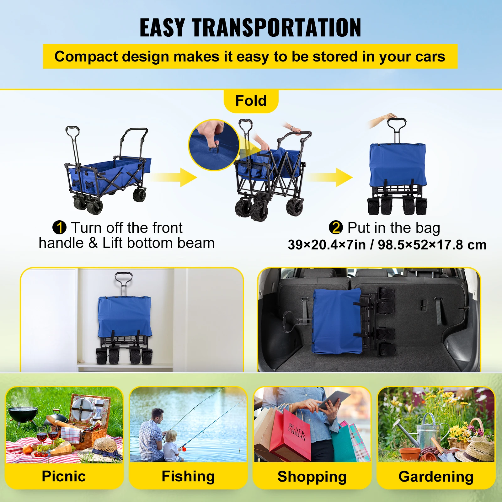 Folding Wagon Cart VEVOR Folding Wagon Cart Adjustable Handle Bar Removable Canopy Oxford Cloth Collapsible Shopping Outdoor Camping Beach Cart