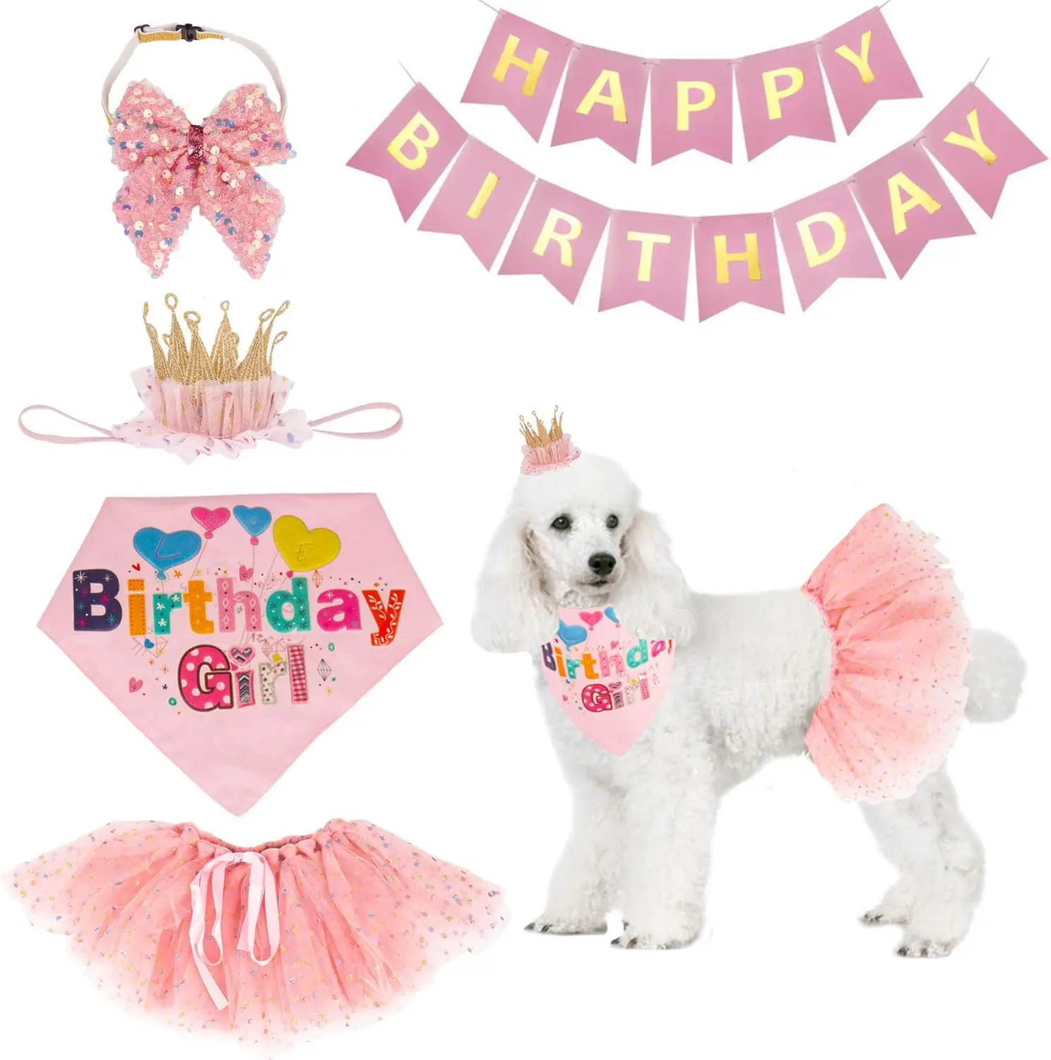 Dog Birthday Hat Bandana Girl-Dog Puppy Birthday Party Supplies-Pink Tutu BirthdayHat Scarf Bow