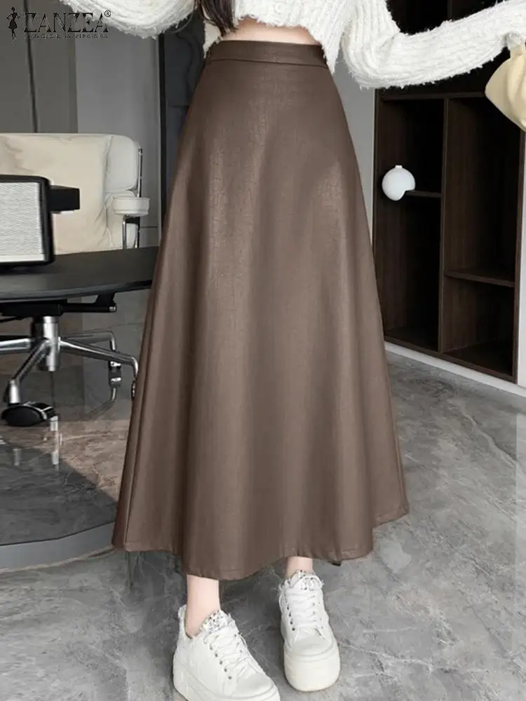 

2023 ZANZEA Fashion Party Skirts Woman Elegant PU Sundress Vintage Ankle Length Maxi Robe Female Casual Solid Zipper Vestidos