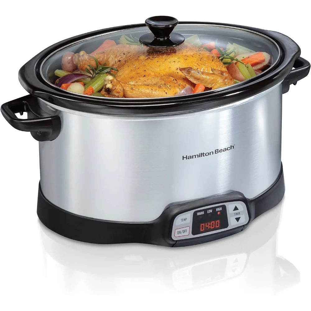 

Dishwasher Safe Crock and Lid Slow Cooker 8 Quart Programmable Slow Cooker With Three Temperature Settings Multicooker Silver