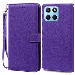 Luxury Flip Leather Wallet Phone Case - Silicone Protective Cover for Honor X6 (2022) (Dark Purple -Strap)