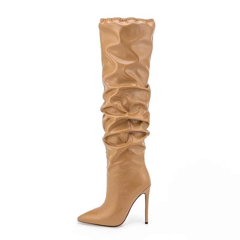 

Runway Pleated Long Boots Women Fashion Patent leather Pointed Toe Women's Knee High Boots Elegant High Heels Designer Shoes