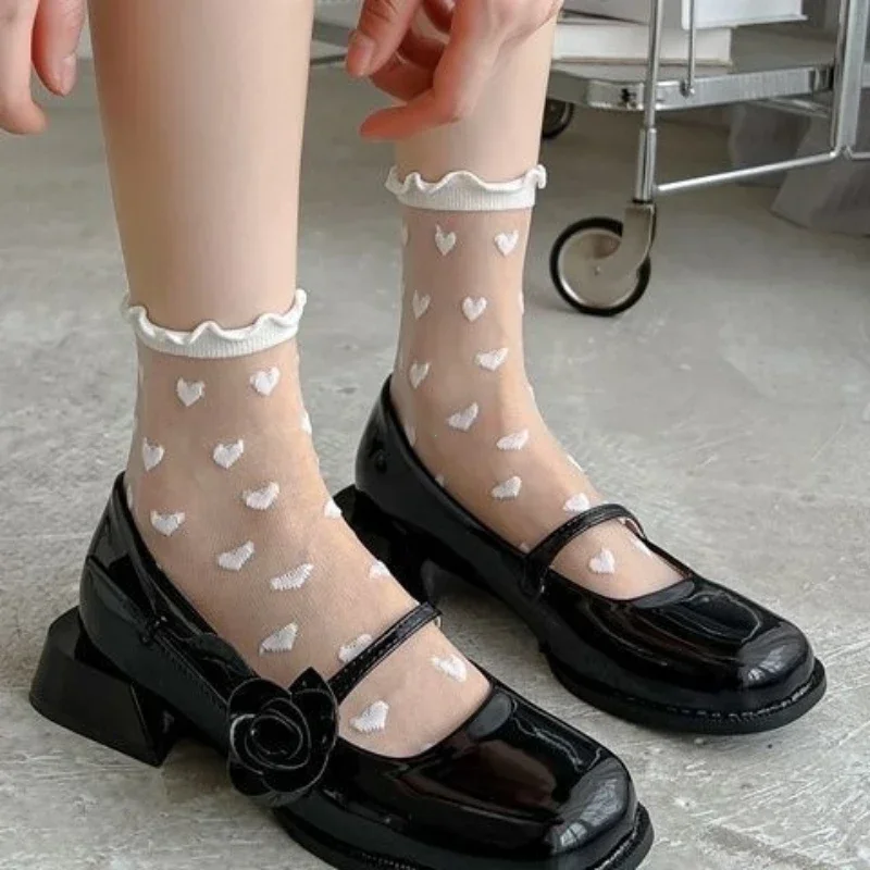 

Women Sexy Ruffled Love Heart Pattern Thin Long Socks JK Uniform Lolita Sweet Glass Fiber Transparent Ins Style Black Lace Socks