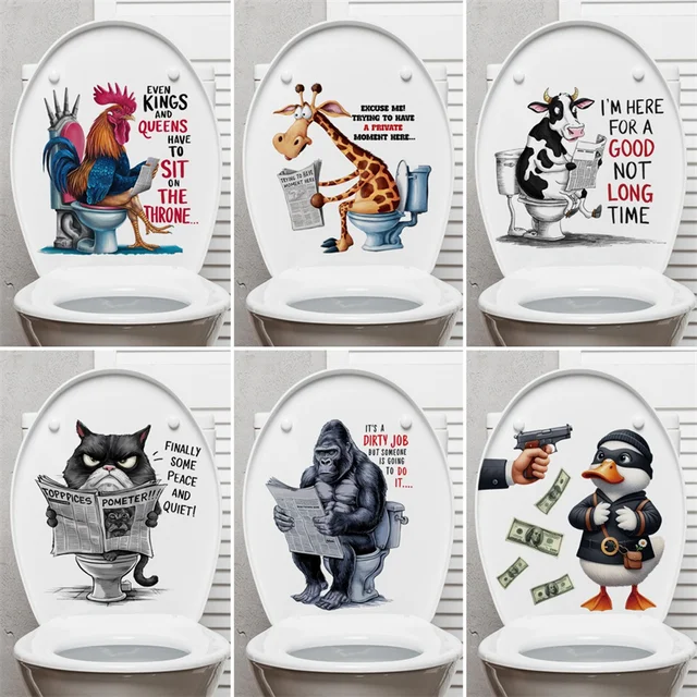 Funny Animals Reading Newspapers Toilet Stickers Giraffe Cow Cat Duck Pattern Waterproof Bathroom Decal Creative Home Decoration