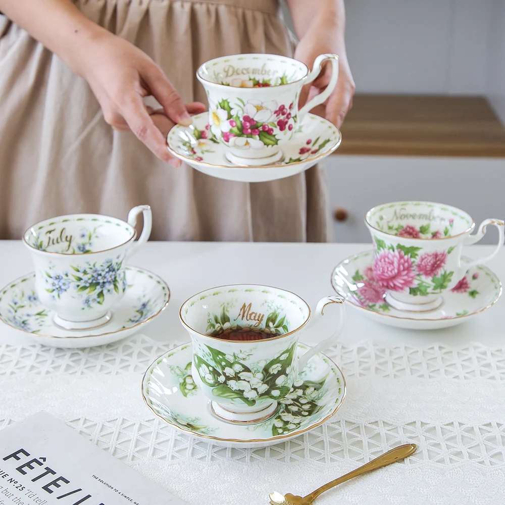 

European Vintage Month Flower Phnom Penh Coffee Cup Saucers, Bone China, Milk Tea Cup, Snack Dish, Dessert Plate for Home Office