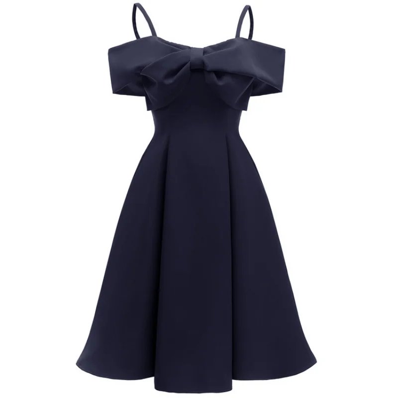 

European and American retror women's suspender one shoulder waist up sexy satin fabric large swing bridesmaid banquet dress