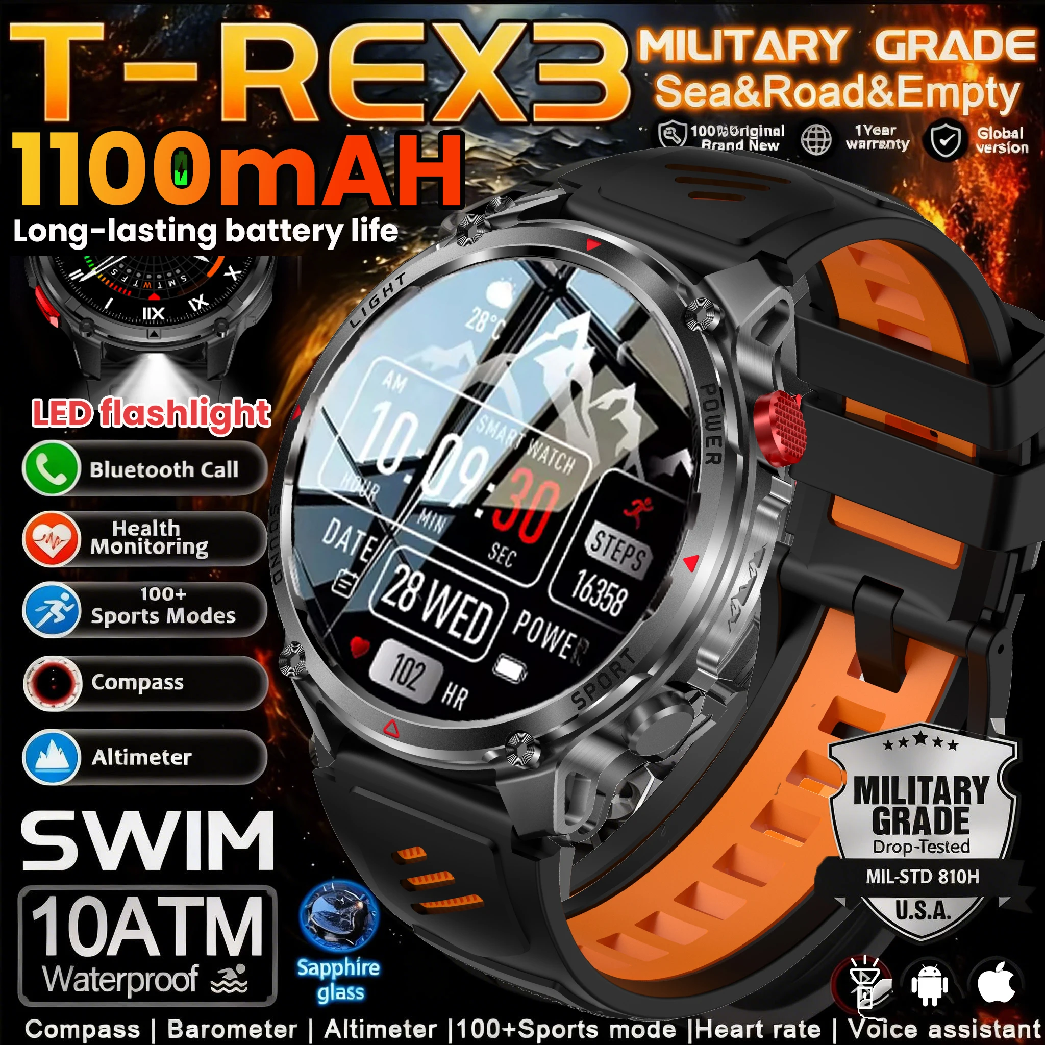 2026 New T-Rex3 Ultra 1100Mah Military Smart Watch Men 1.7"AMOLED GPS Path 5ATM Waterproof Compass LED Flashlight Smartwatch iOS 1