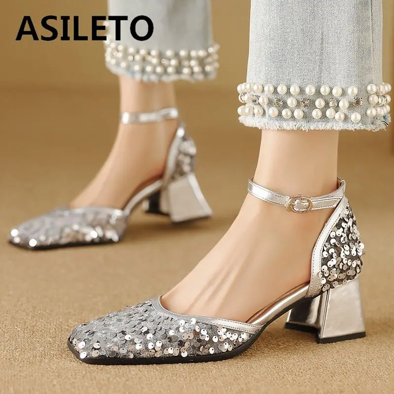 

ASILETO Brand New Female Pumps 32 33 Sequin Bling Square Toe Chunky Heels 6cm Buckle Strap Big Size 47 48 Fashion Dating Shoes