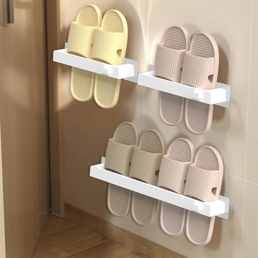 Wall Mounted Punch Free Slippers Rack Space Save 1/2PCS Plastic Shoe ...