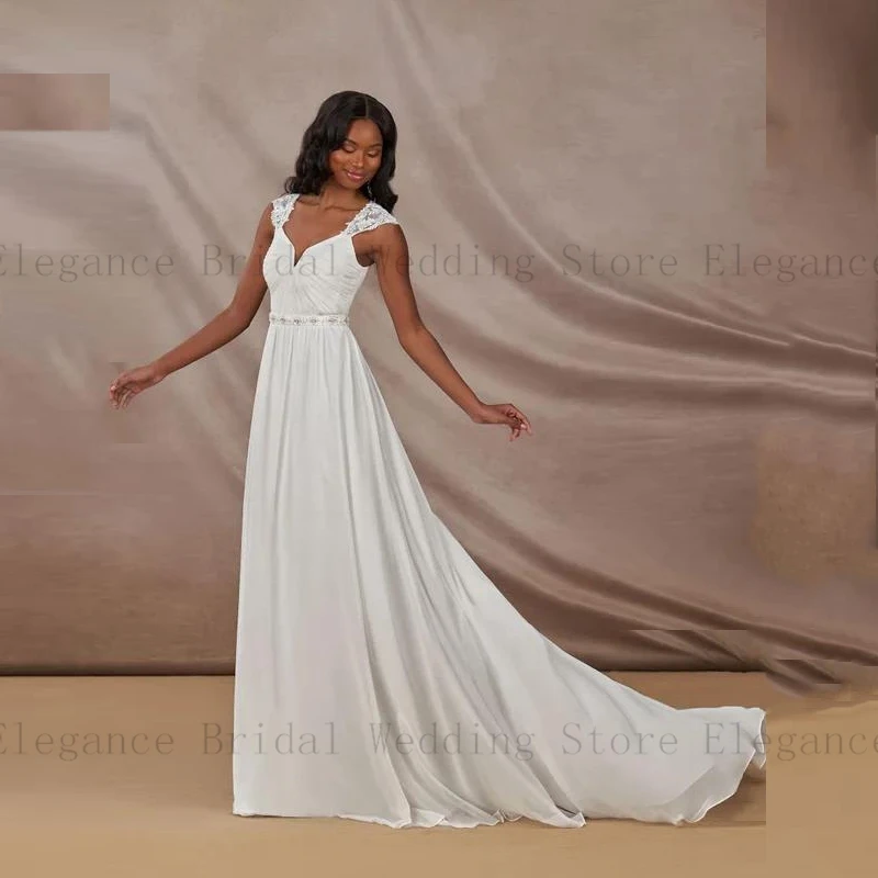 

White Chiffon Cap Straps Wedding Dresses for Women 2023 Sequins Beadings Long A-Line Beach Bridal Gown with Pleated Vestidos