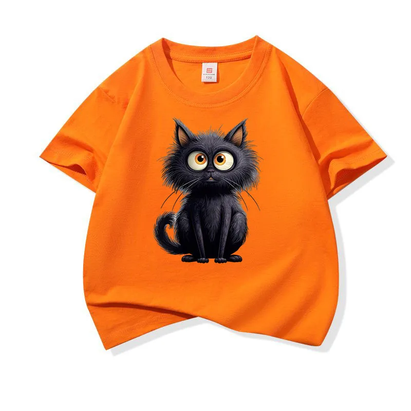 Adorable Black Cat Graphic Kids' Cotton Tee - Soft, Breathable Short Sleeve Shirt
