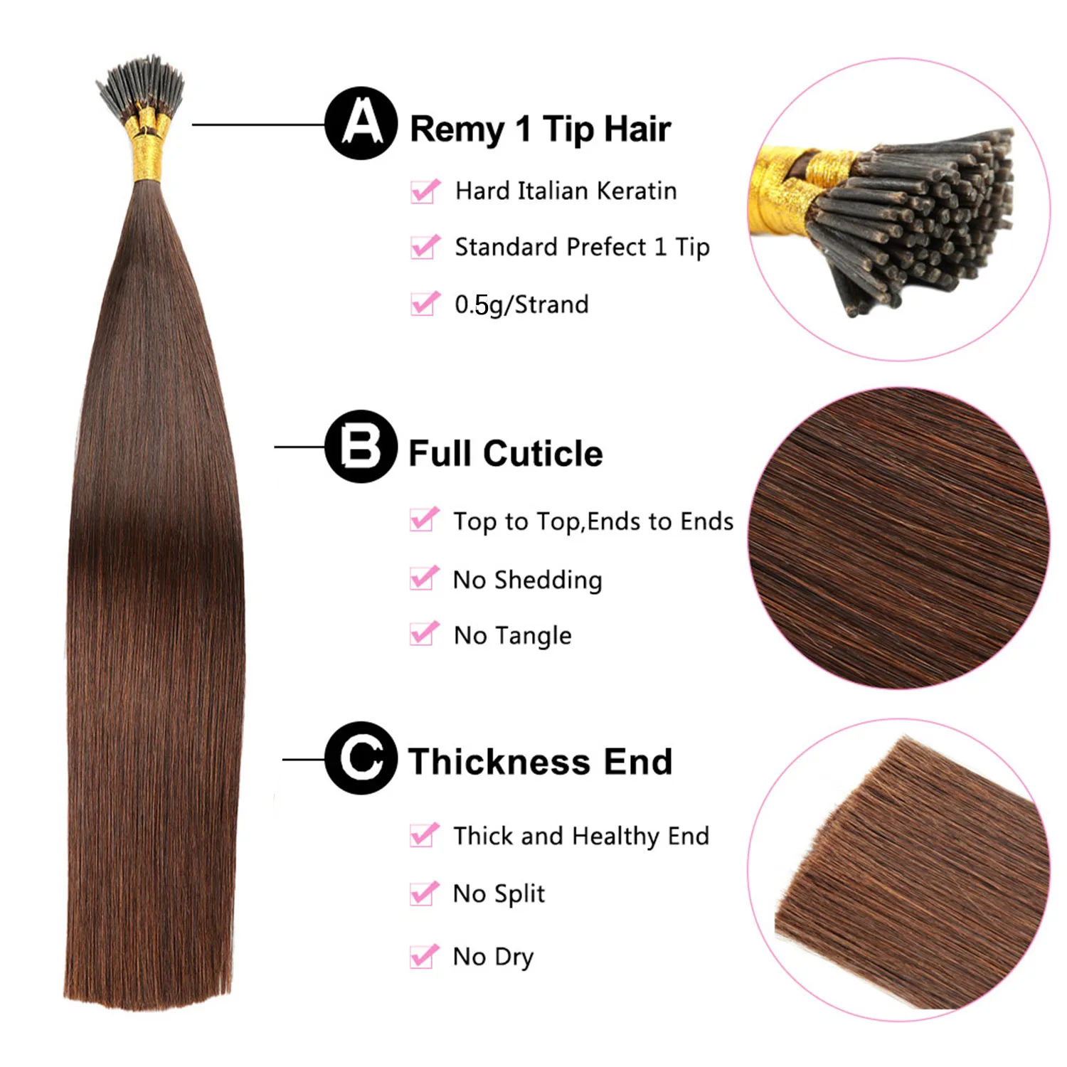 I Tip Human Hair Extensions Pre Bonded Keratin Stick In Hair Extensions 16-22 Inch Natural Color 100 Strands/set for Women Girls