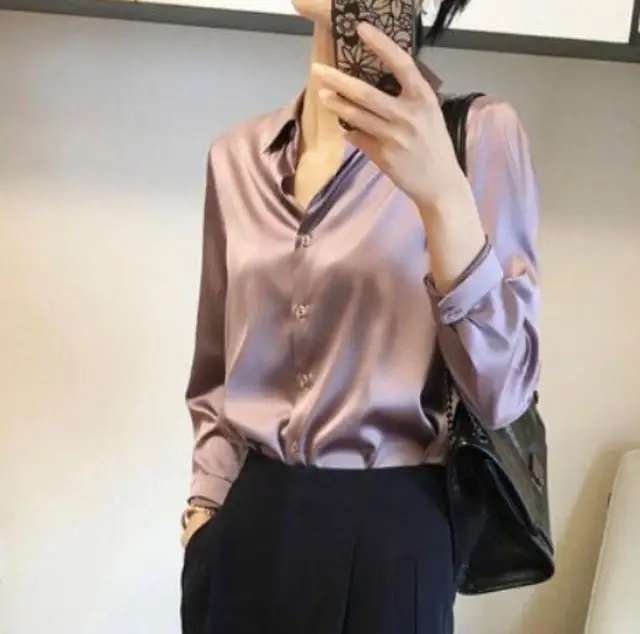 Brand Quality Luxury Women Shirt Elegant Office Button Up Long Sleeve Shirts Momi Silk Crepe Satin Blouses Business Ladies Top light purple