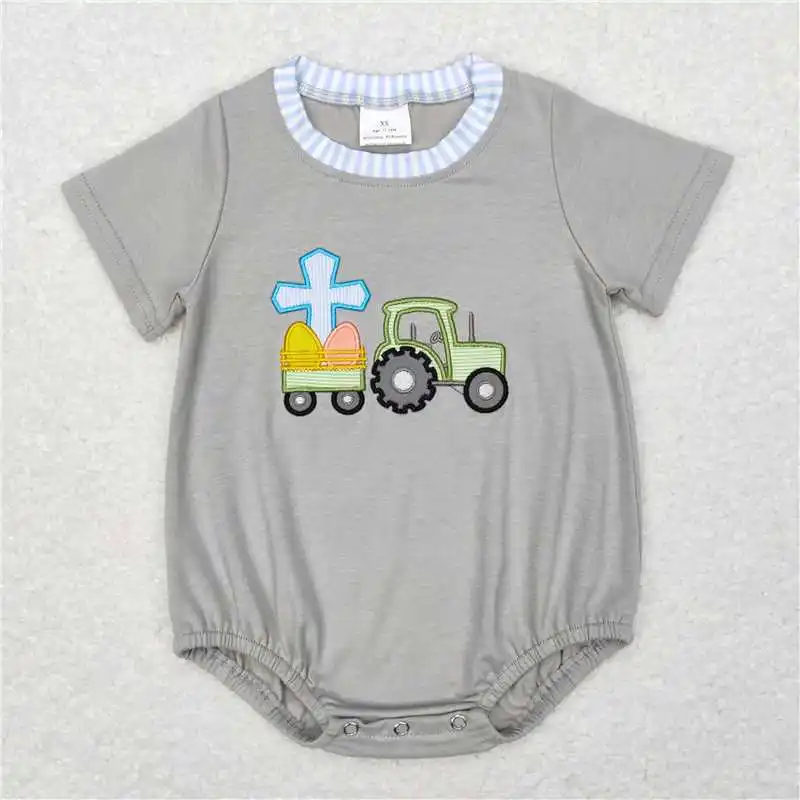 Wholesale Toddler Baby Boy Sleeveless Tractor Romper Newborn Summer Embroidery Plaid One-piece Kids Children Clothing 5