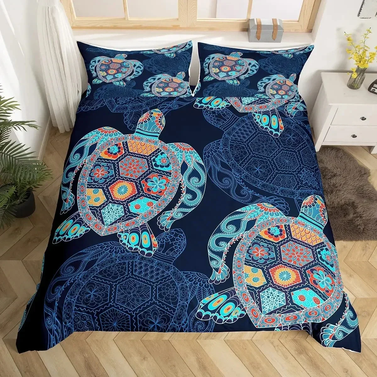Ocean Theme Sea Turtle Reptile Tortoise Duvet Cover Microfiber Starry Sky Galaxy Bedding Set Single Queen Size Comforter Cover