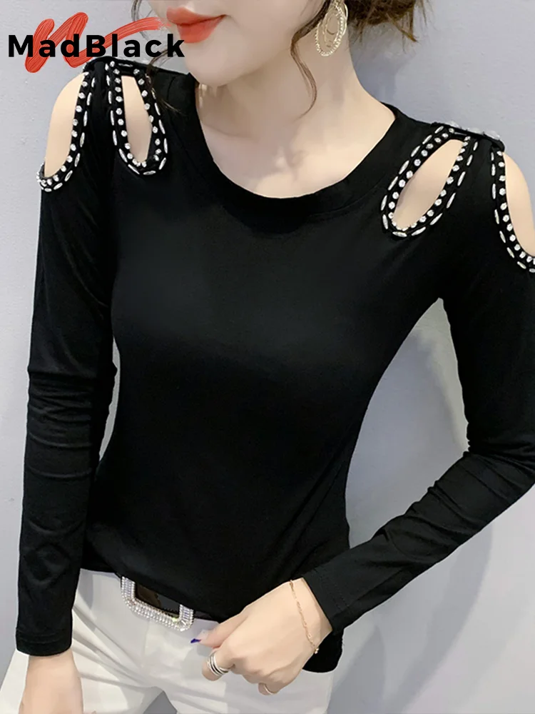 

MadBlack Spring European Clothes Cotton T-Shirt Sexy O-Neck Hollow Out Shiny Diamonds Beads Women Tops Long Sleeve Tees T32805Z