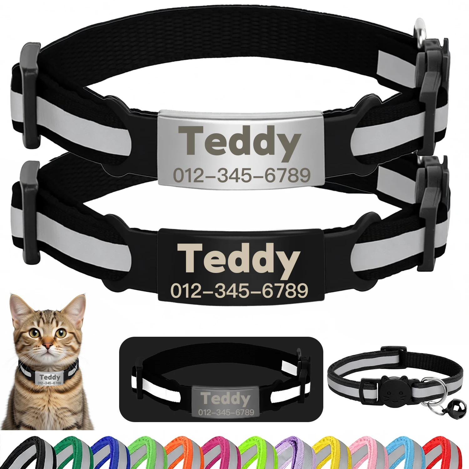 Personalized Reflective Pet Collar with Engraved ID Nameplate and Bell