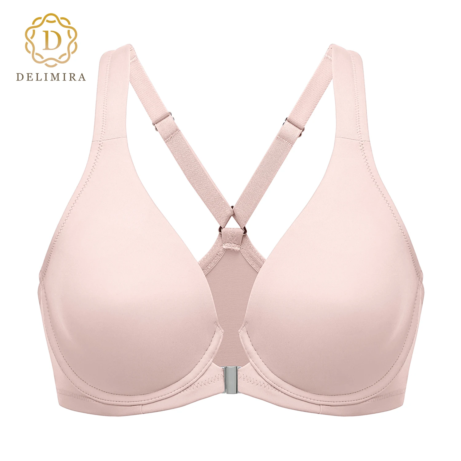 

DELIMIRA Women's Front Closure Racerback Seamless Underwire Unlined Plunge Full Coverage Bra Plus Size DD E F G H