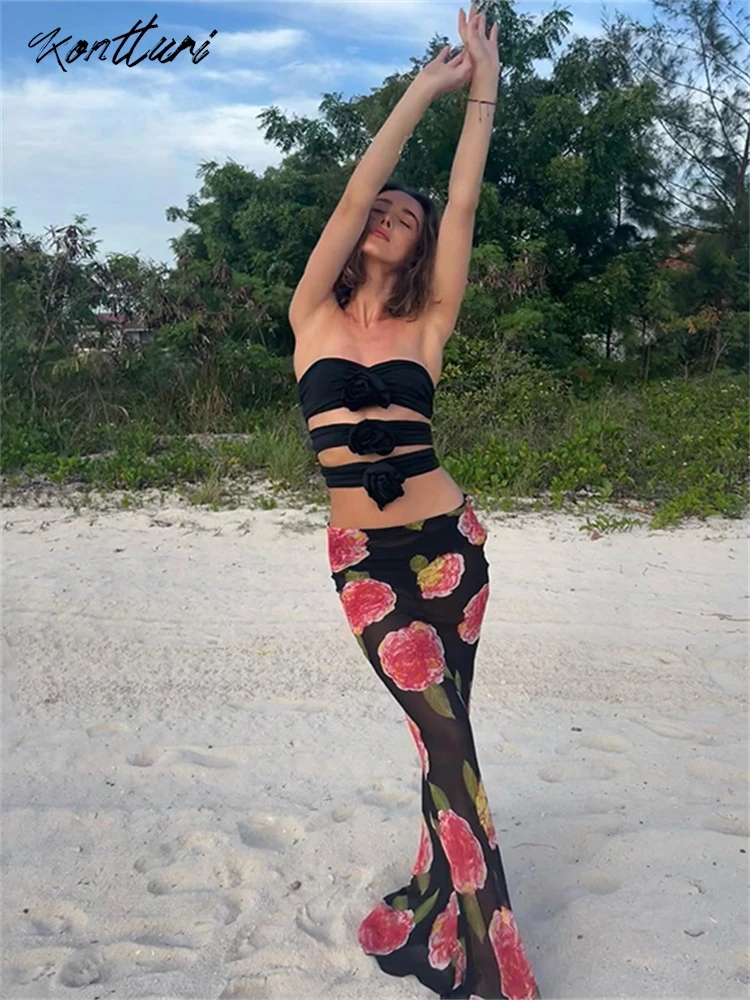 Kontturi Summer Casual See Through Flora Print Clothes For Women 2024 Mesh Low Rise Skirt Beach Black Bodycon Maxi Skirts Female