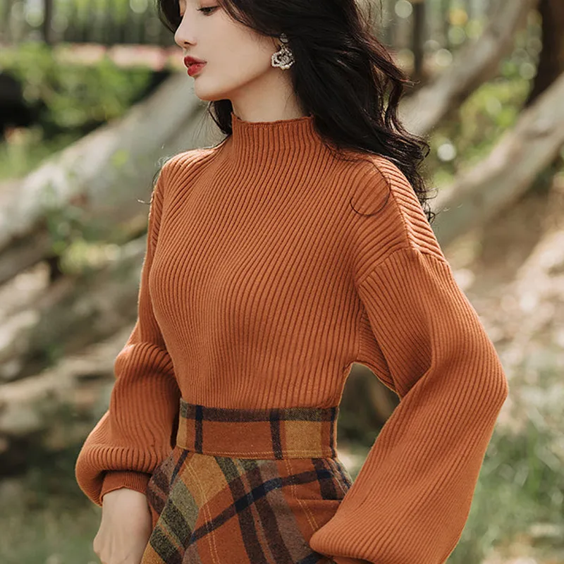 Women's Spring Autumn Vintage Plaid Long Skirts Sweater Two-Piece Set French Lady Graceful Knit Pullover High Waist Skirt Outfit 6